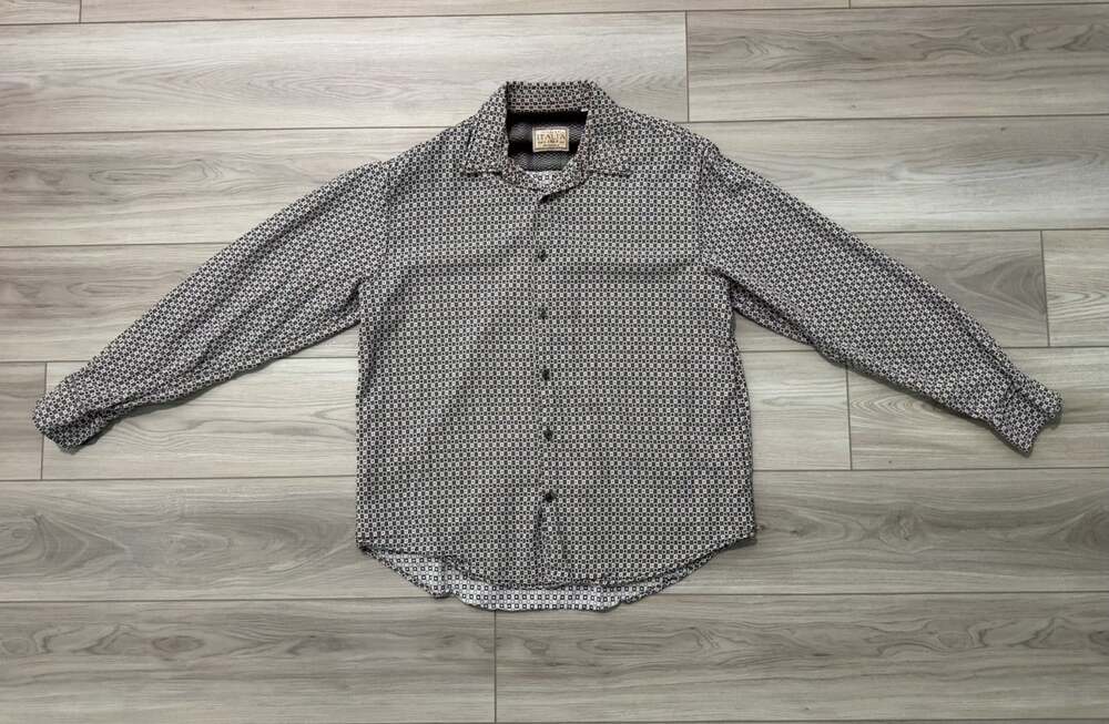 Vintage Italia c.1958 Reserved Stock Mens XL Geometric Button Up Shirt Brown